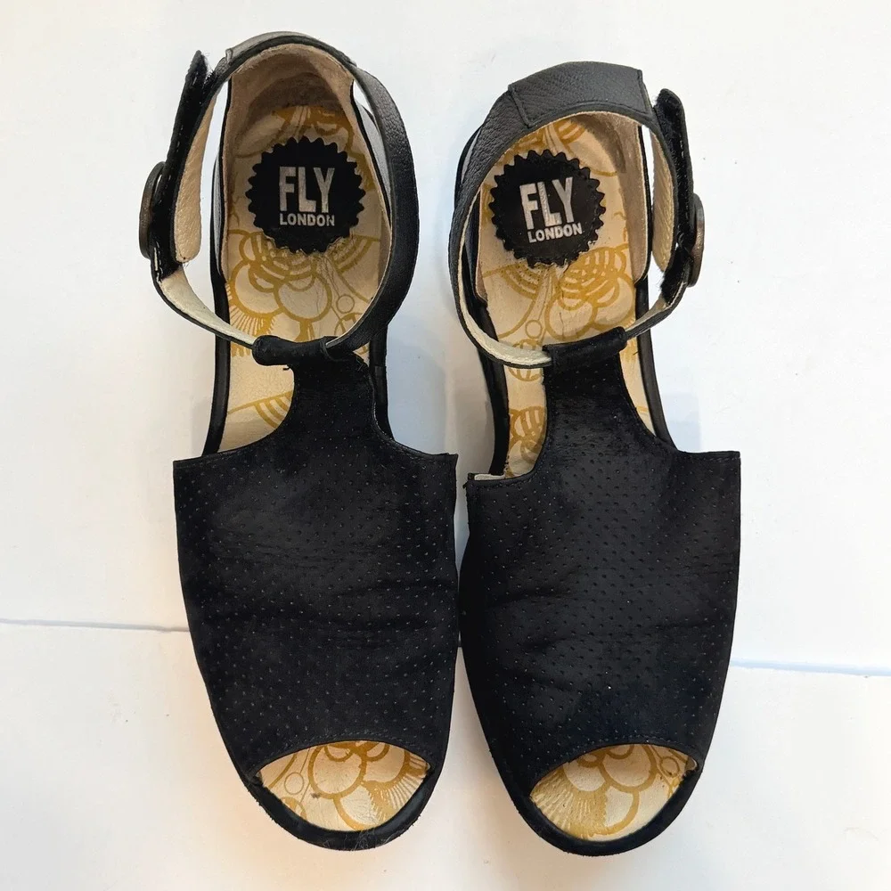 Fly London Yala Black Leather Suede Perforated Wedge Sandals Size 41 US 10-10.5